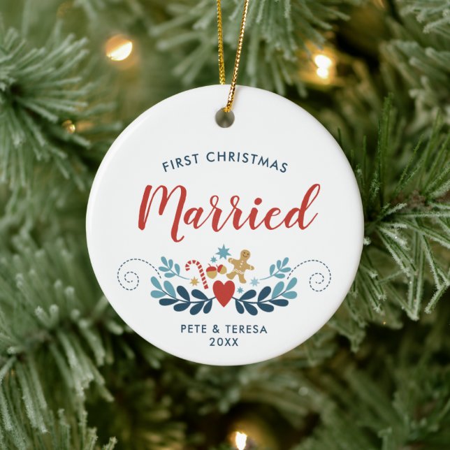 First Christmas Married Personalized Xmas Folk Art Ceramic Ornament (Tree)