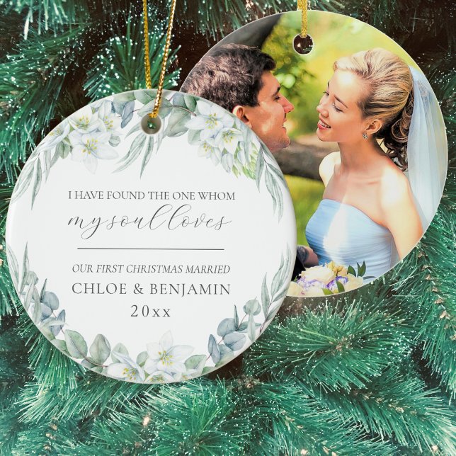 First Christmas Married Photo Christian Ceramic Ornament (This elegant Christian ornament features white watercolor flowers , a wedding photo & a Bible verse)