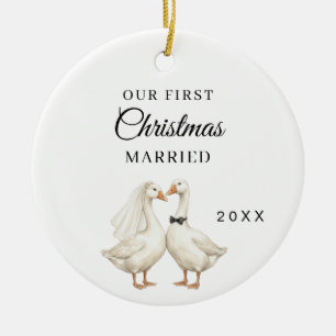 First Christmas Married photo Goose Couple Ceramic Ornament