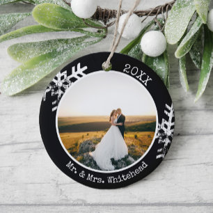 First Christmas Married Photo Modern Snowflake Ceramic Ornament