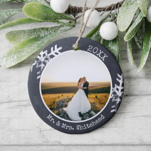 First Christmas Married Photo Rustic Snowflake Ceramic Ornament