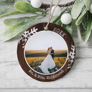 First Christmas Married Photo Rustic Wood Snow Ceramic Ornament