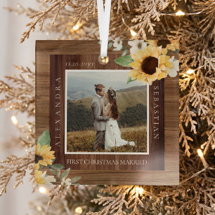First Christmas Married Photo Sunflower Woodgrain Glass Ornament