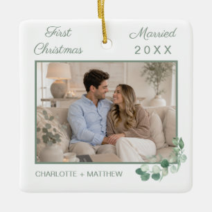 First Christmas married photo white greenery Ceramic Ornament