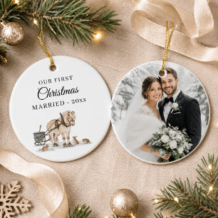 First Christmas Married Photo Winter Horse Ceramic Ornament