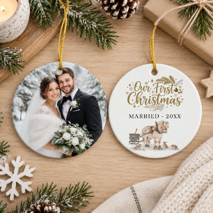 First Christmas Married Photo Winter Horse Ceramic Ornament