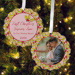 First Christmas Married Pink Red Fun Couples Photo Ornament Card<br><div class="desc">Commemorate your first Christmas as a married couple with this beautiful photo ornament with a classic hand drawn holly and berries pattern on a retro pink background featuring a photo on one side and your text on the back.</div>