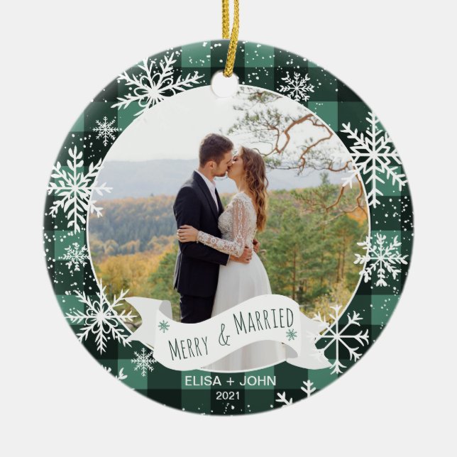 First Christmas married plaid 2 photos snowflakes Ceramic Ornament (Front)