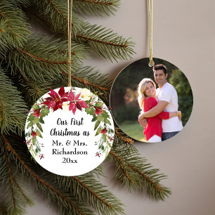 First Christmas Married Poinsettia Photo Ceramic Ornament