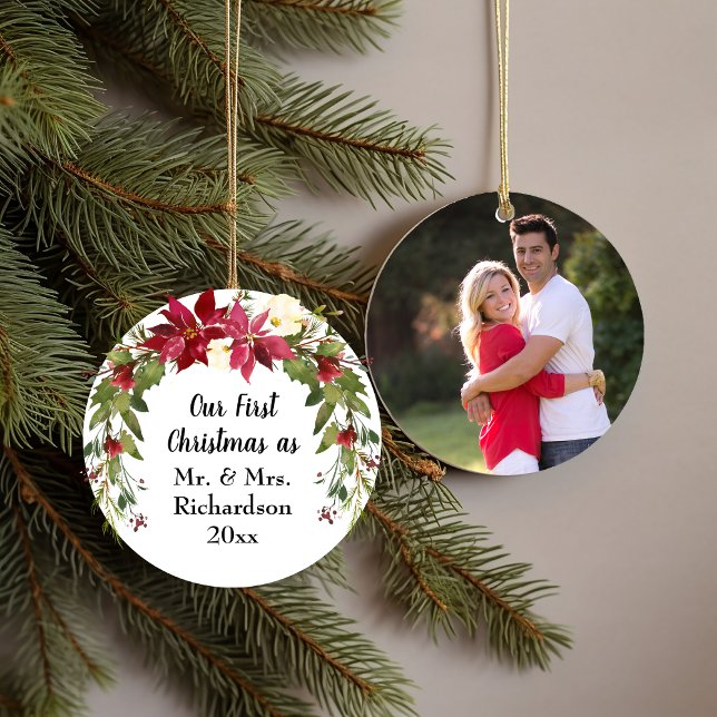 First Christmas Married Poinsettia Photo Ceramic Ornament (First Christmas Married Poinsettia Photo Ceramic Ornament)