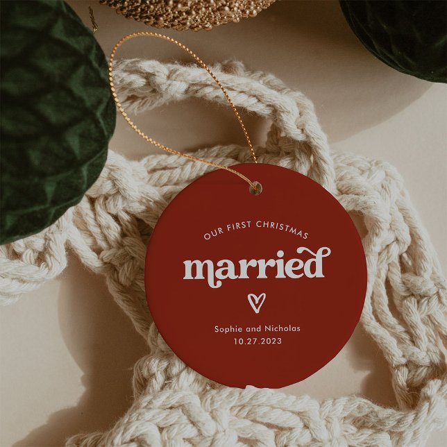 First Christmas Married | Red and White with Heart Ceramic Ornament (The perfect holiday keepsake for your first married Christmas)