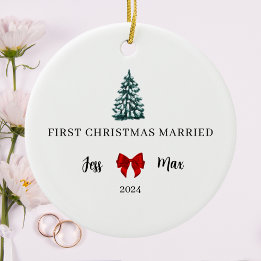 First Christmas Married Red Bow Coquette Keepsake Ceramic Ornament
