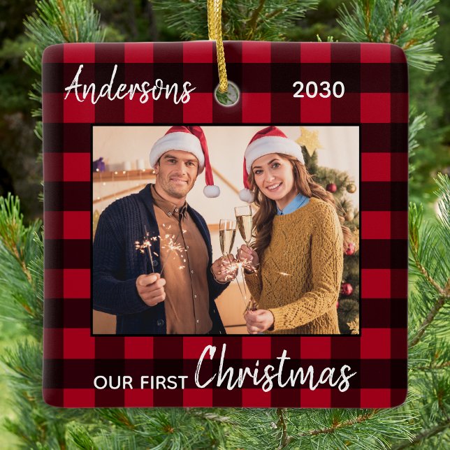 First Christmas Married Red Plaid Couple Photo Ceramic Ornament (Creator Uploaded)