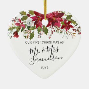 First Christmas Married Red Poinsettia Watercolor Ceramic Ornament