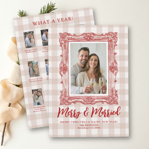 First Christmas Married Red Sketch Neutral Gingham Holiday Card
