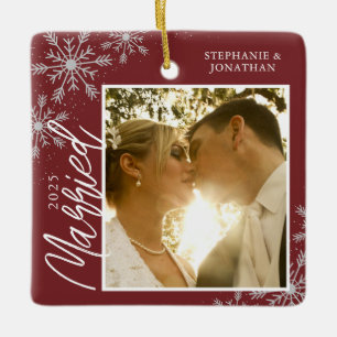First Christmas Married Red Snowflakes Photo Ceramic Ornament