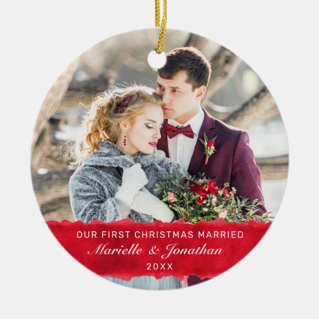 First Christmas Married Red Stripe Custom Photo  Ceramic Ornament (Front)