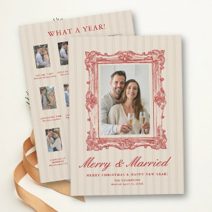 First Christmas Married Red Vintage Sketch Earthy Holiday Card