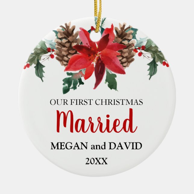 First Christmas married red winter flowers Ceramic Ornament (Front)