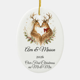 First Christmas Married Reindeer Personalized Ceramic Ornament