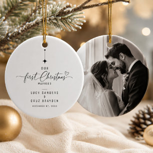 First Christmas Married Romantic Wedding Photo Ceramic Ornament