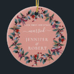 First Christmas Married Rose Wreath Ceramic Ornament<br><div class="desc">Romantic ornament for married couple features beautiful Christmas wreath and modern calligraphic typography. Personalize it with your names. You can change the background color if you like.</div>