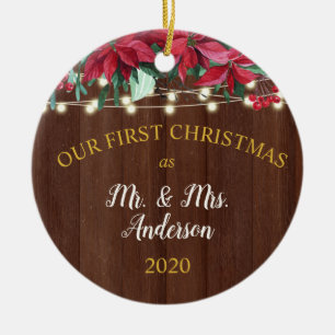 First Christmas Married Rustic Poinsettia Lights Ceramic Ornament