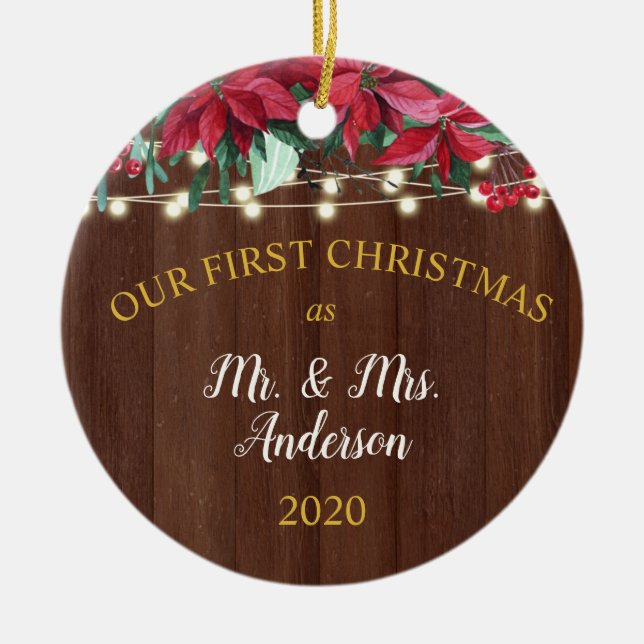 First Christmas Married Rustic Poinsettia Lights Ceramic Ornament (Front)