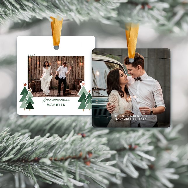 First Christmas Married Rustic Trees Photo Ceramic Ornament (First Christmas Married Rustic Trees Photo Ceramic Ornament)