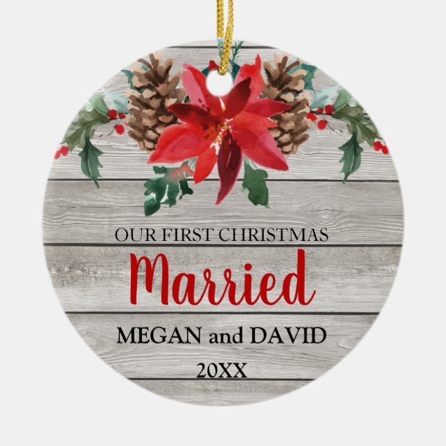 First Christmas married rustic winter flowers Ceramic Ornament (Front)
