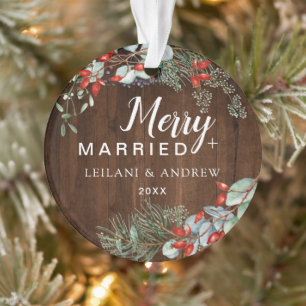 First Christmas Married Rustic Wood Berry Photo Ornament