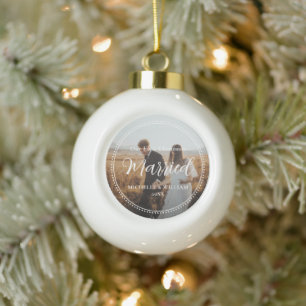 First Christmas Married Script Overlay Photo Ceramic Ball Christmas Ornament