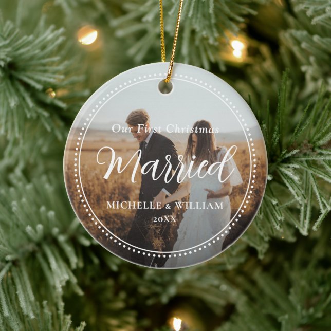 First Christmas Married Script Overlay Photo Ceramic Ornament (Tree)