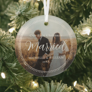 First Christmas Married Script Overlay Photo Glass Ornament