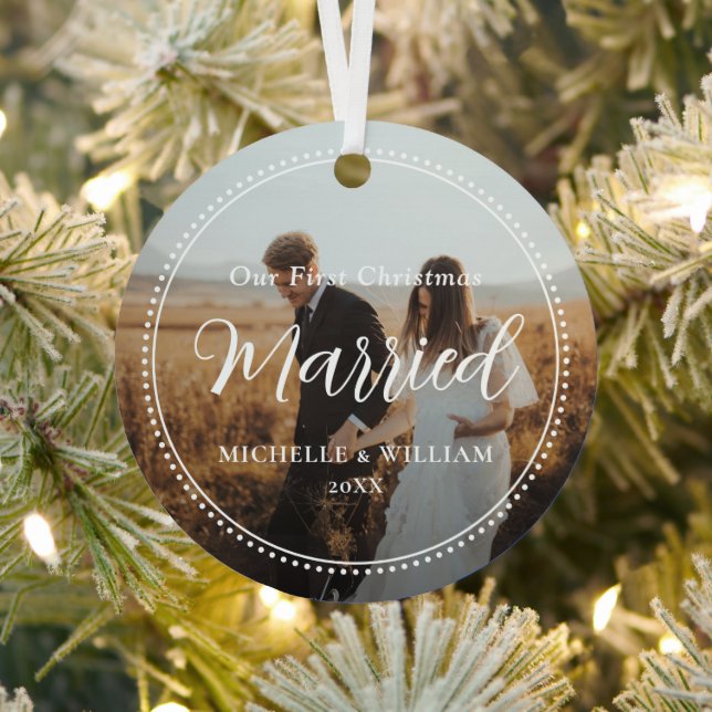 First Christmas Married Script Overlay Photo Metal Ornament (Insitu)