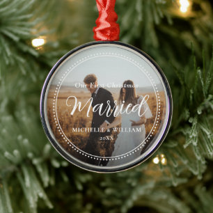 First Christmas Married Script Overlay Photo Metal Ornament