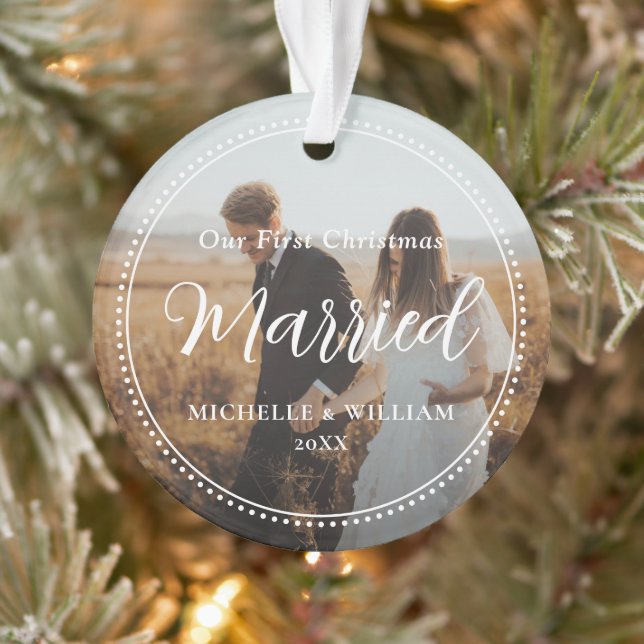 First Christmas Married Script Overlay Photo Ornament (Tree)