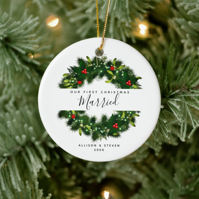 First Christmas Married Script Personalized Ceramic Ornament (Tree)
