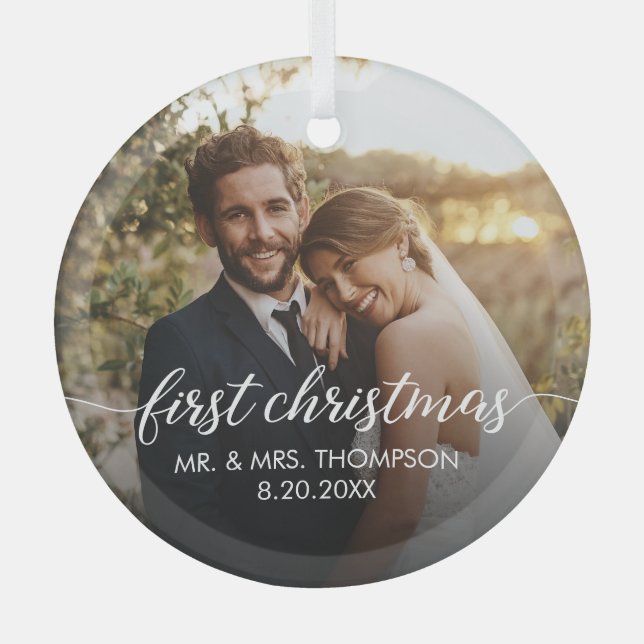 First Christmas MARRIED script wedding Photo  Glass Ornament (Front)
