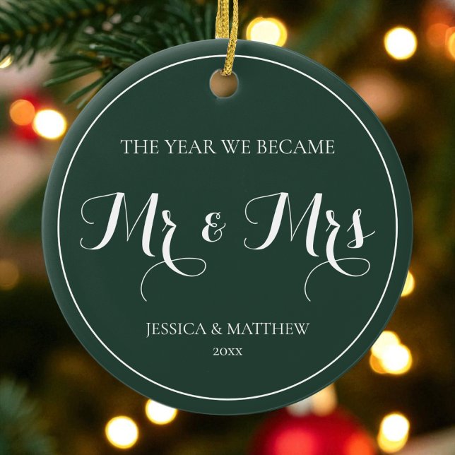 First Christmas Married Simple Elegant Mr and Mrs Ceramic Ornament (First Green Christmas Married Simple Elegant Mr and Mrs Ceramic Ornament)
