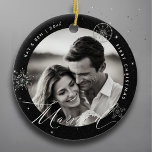 First Christmas Married Snowflakes Black Chic Gift Ceramic Ornament<br><div class="desc">Celebrate your First Christmas Married with this stunning 1st Christmas Married Snowflakes Boho Black Photo ceramic ornament gift. Featuring a faux rhinestone effect that adds a touch of sparkle to the delicate snowflakes, this design captures the magic of the season. The background is designed with a black sparkles texture, adding...</div>
