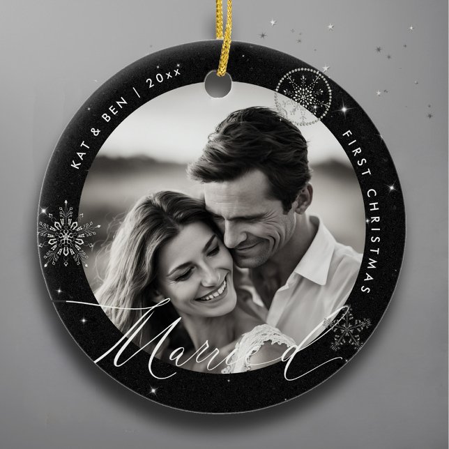 First Christmas Married Snowflakes Black Chic Gift Ceramic Ornament (christmas gift first married couple black ornament glitter sparkle modern minimalist snowflakes)