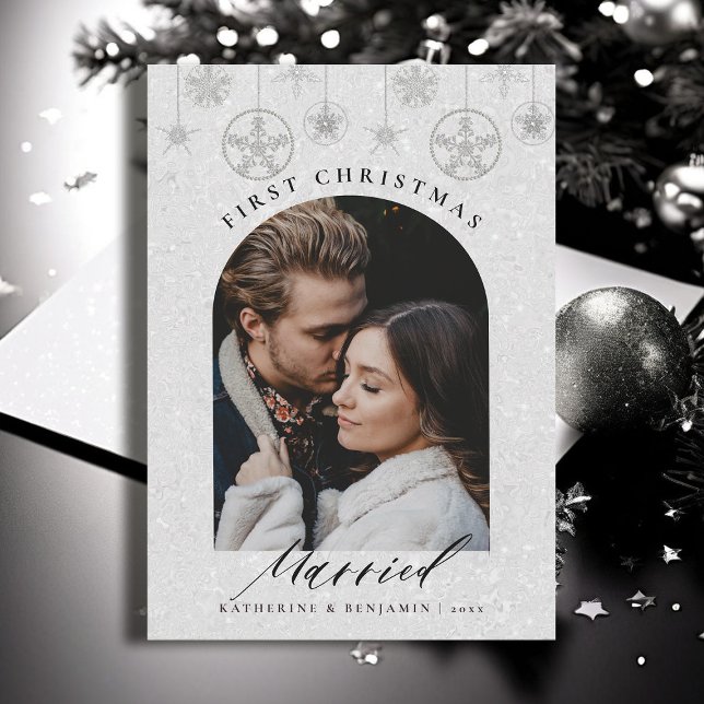 First Christmas Married Sparkles Boho Frame Photo Holiday Card (christmas card first married couple black white glitter boho arch modern minimalist calligraphy)