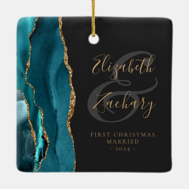 First Christmas Married Teal Agate Gold Script Ceramic Ornament (Back)