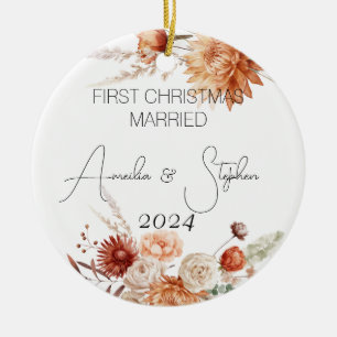 First Christmas Married Terracotta Watercolor Ceramic Ornament