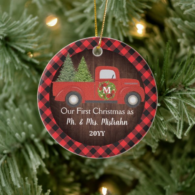 First Christmas Married Truck Plaid Mr. Mrs. PHOTO Ceramic Ornament (Tree)