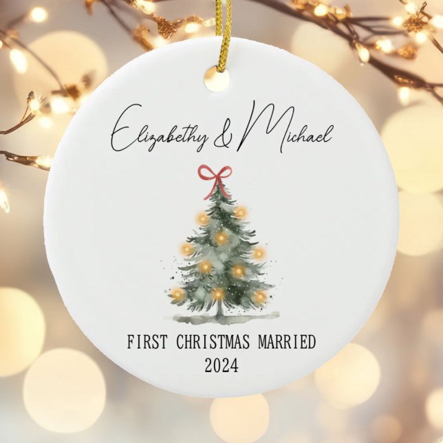 First Christmas Married Watercolor Christmas Tree Ceramic Ornament (Creator Uploaded)