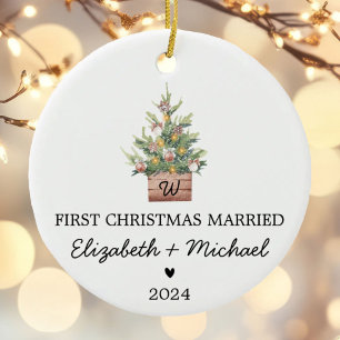 First Christmas Married Watercolor Christmas Tree Ceramic Ornament