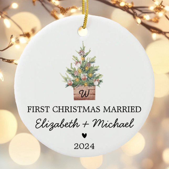 First Christmas Married Watercolor Christmas Tree Ceramic Ornament (Creator Uploaded)