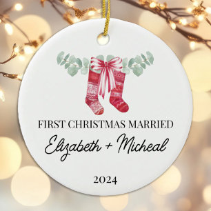 First Christmas Married watercolor stocking Ceramic Ornament